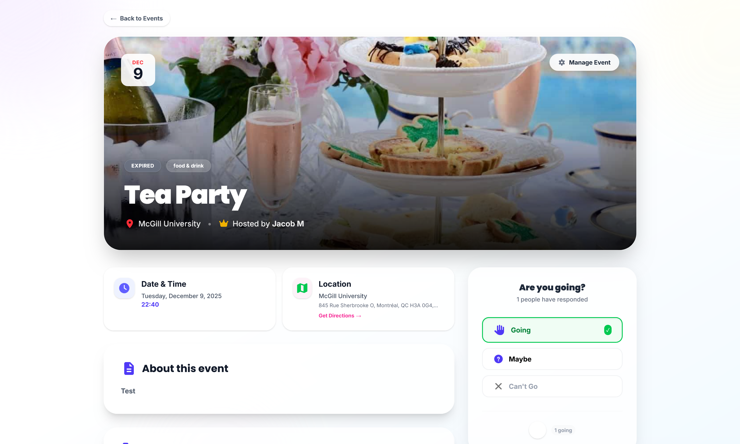Gathrly event detail page with RSVP controls.